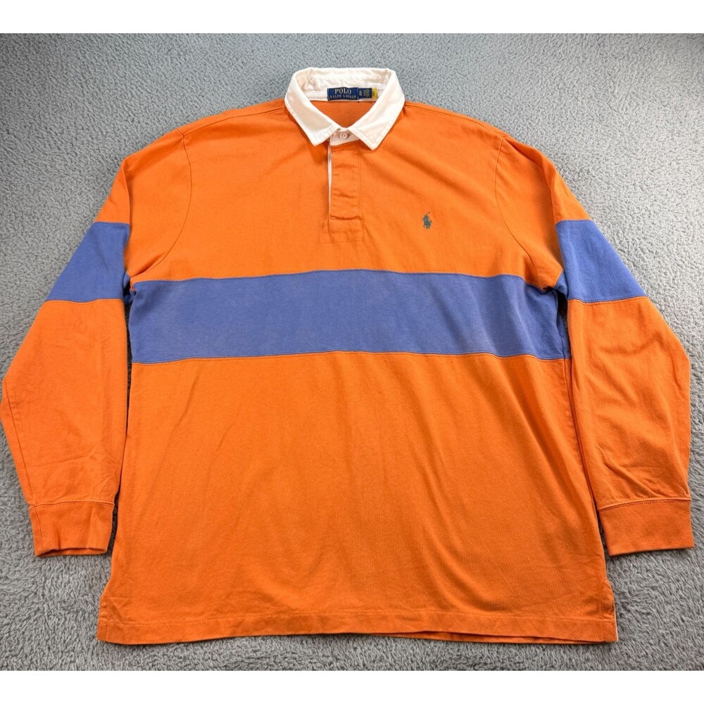 Polo Ralph Lauren Rugby Shirt Mens XL Orange Blue Striped Long Sleeve Pony
